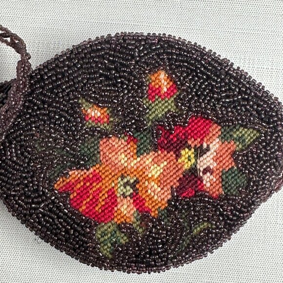 Vintage Beaded and Needlepoint Crossbody Coin Purse with Floral Design & Beaded - Picture 2 of 8